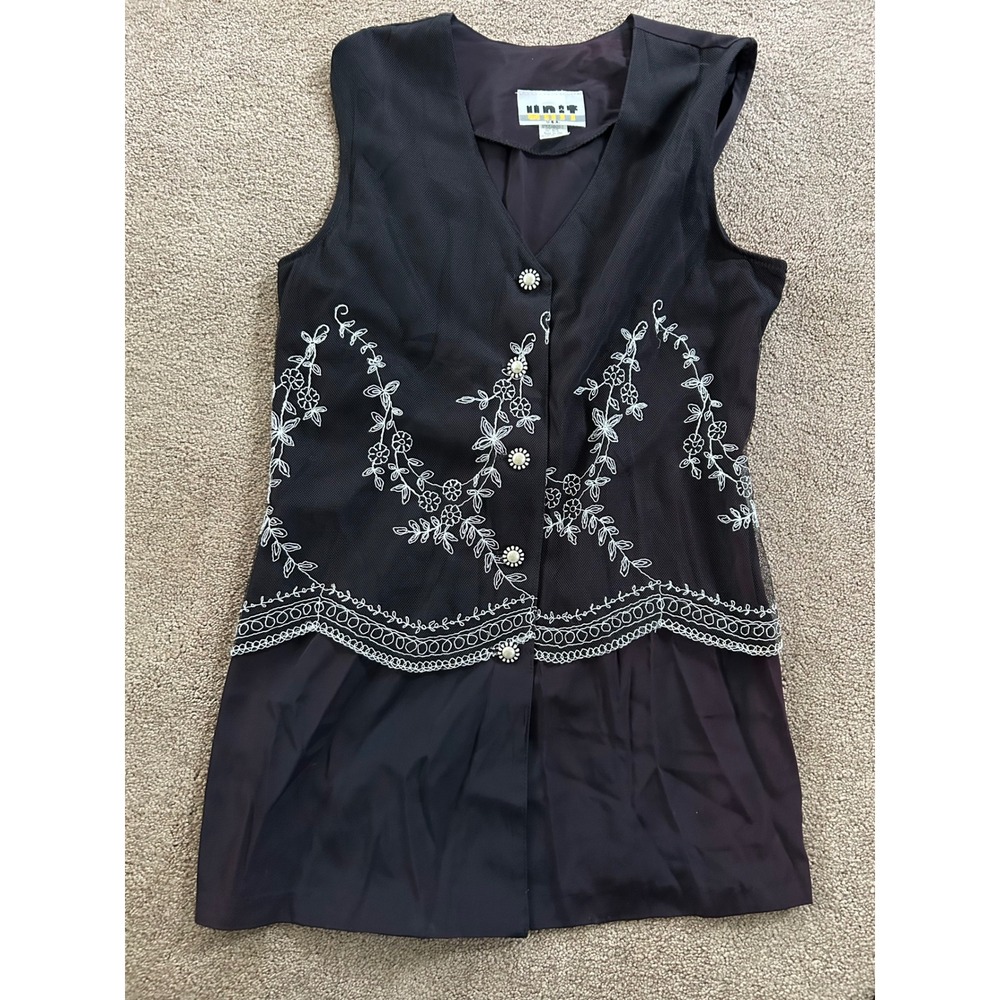 Vintage Unit Embroidered Floral Long Vest Dress Black Size Large Made in USA